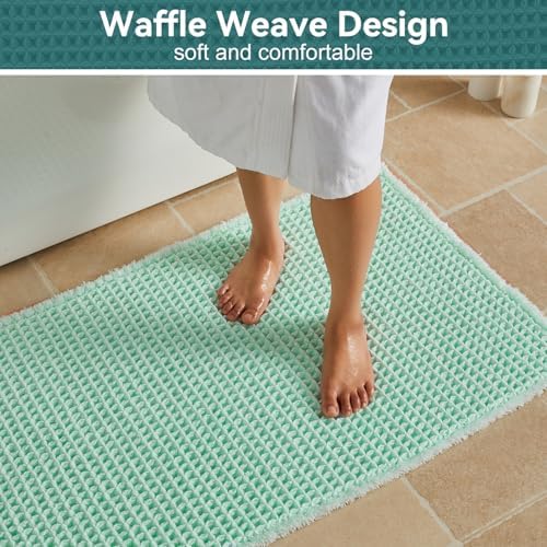 Triohero Waffle Bath Mat, Small Boho Bathroom Rugs, 16x24 Sea Foam Blue