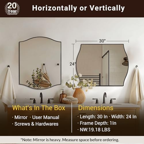 ANDY STAR Black Bathroom Mirror, 20"x30" Scalloped Wall Mirror in Stainless Steel Metal Frame, Unique Vanity Mirror with Modern Curved Edge Design, Ideal for Bathroom, Bedroom, Entryway