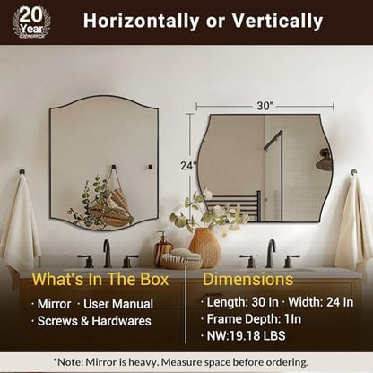 ANDY STAR Black Bathroom Mirror, 20"x30" Scalloped Wall Mirror in Stainless Steel Metal Frame, Unique Vanity Mirror with Modern Curved Edge Design, Ideal for Bathroom, Bedroom, Entryway