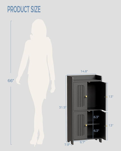 BEWISHOME Small Floor Cabinet,Toilet Paper Storage,Bathroom Storage Cabinet | with 4 Doors and Shelves, Bathroom Organizers and Storage for Small Spaces, Black 7.9" D x 14.6" W x 31" H YYG11B