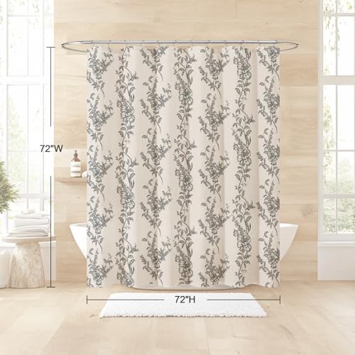 Black Linen Farmhouse Shower Curtain, Boho Floral Bathroom 72x72