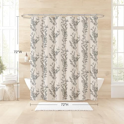 Black Linen Farmhouse Shower Curtain, Boho Floral Bathroom 72x72