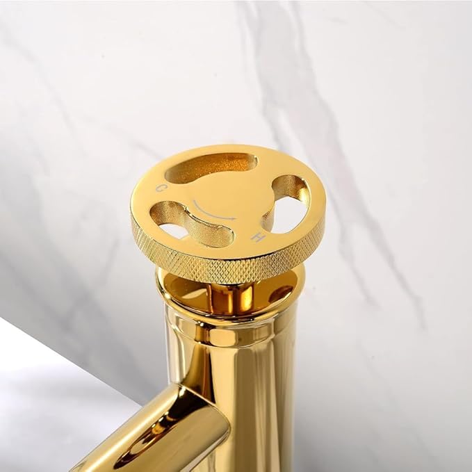 Industrial Bathroom Faucet Brass, Single Hole One Wheel Handle, Tall Deck Mounted Sink Cold and Hot Water Mixer Tap-Bright Gold(Bright Gold)