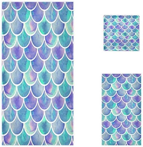 Naanle Chic Watercolor Rainbow Scales of Mermaid Soft Luxury Decorative 3 Pieces Set Towels, 1 Bath Towel+1 Hand Towel+1 Washcloth, Multipurpose for Bathroom, Hotel, Gym, Spa and Beach