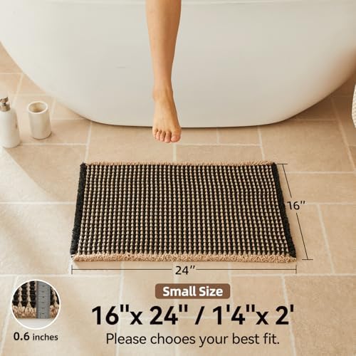 Triohero Waffle Bath Mat, Small Boho Bathroom Rugs, 16x24 Black & Khaki