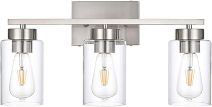 3-Light Bathroom Vanity Light, Modern Brushed Nickel Wall Lights with Clear Glass Shades, Bathroom Wall Sconce Lamp for Mirror Living Room Bedroom Hallway