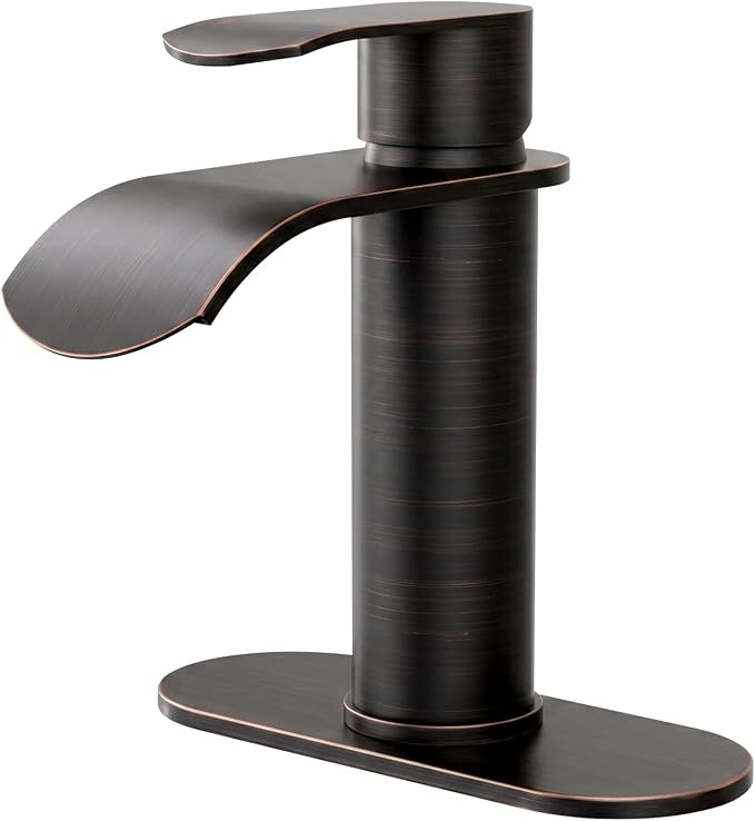 Waterfall Bathroom Faucet Single Handle – WOWOW Modern Oiled Rubbed Bronze Vanity Sink Faucet, Stainless Steel Basin Sink Tap for RV Lavatory 1 or 3 Hole, Hot & Cold Mixer Tap with Pop up Drain