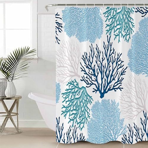 Shower Curtain Bathroom Set Classic Sea Blue Coral Waterproof Shower Curtains with Grommets Hooks Abstract Marine Life Scenery Privacy Bath Curtain for Bathtub Decor 72x78in