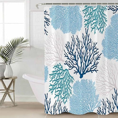 Shower Curtain Bathroom Set Classic Sea Blue Coral Waterproof Shower Curtains with Grommets Hooks Abstract Marine Life Scenery Privacy Bath Curtain for Bathtub Decor 72x78in