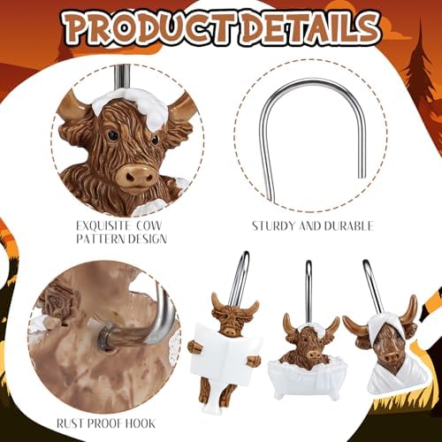 Roowest 12 Pcs Highland Cow Shower Curtain Hooks, Stainless Steel Farmhouse