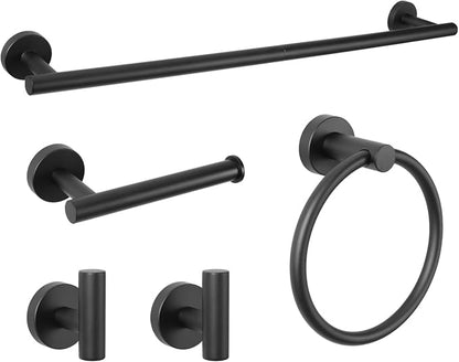 5 Piece Modern Style Wall Mounted Bathroom Hardware Set | #304 Stainless Steel, 24" Towel Bar Mount, Towel Rings, L Shape Toilet Paper Holder, Bathrobe Hook (Matt Black)