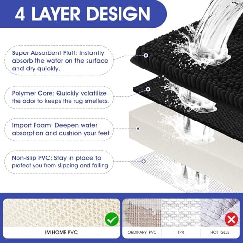 ACCUMTEK Striped Black Bathroom Rug Mat 24"x17" Ultra Soft, Non Slip Chenille Bath Rugs, Absorbent Plush Shaggy Bath Mats for Bathroom, Bedroom, Kitchen, Shower, Tub