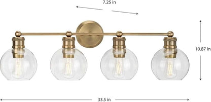Hansford Collection 4-Light Clear Glass Farmhouse Bath Vanity Light Vintage Brass