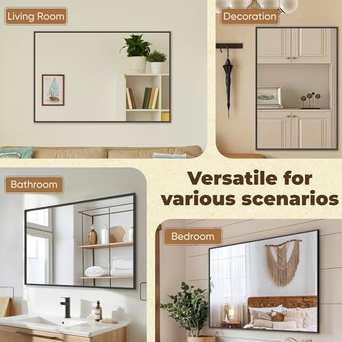 Antok 48x30 Black Metal Framed Bathroom Mirror, Wall Mirror with Rect Corners, Vanity Mirror for Over Sink, Anti-Rust Tempered Glass, Horizontal/Vertical Hanging for Bathroom, Living Room, Entryway