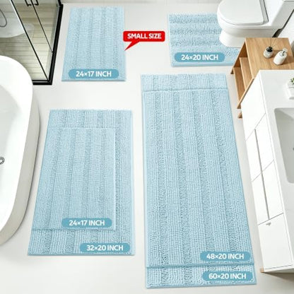 Striped Spa Blue Bathroom Rug Set 3 Pieces Ultra Soft, Non Slip Chenille Bath Carpet, Absorbent Plush Shaggy Bath Mats for Bathroom, Toilet, Bedroom, Kitchen