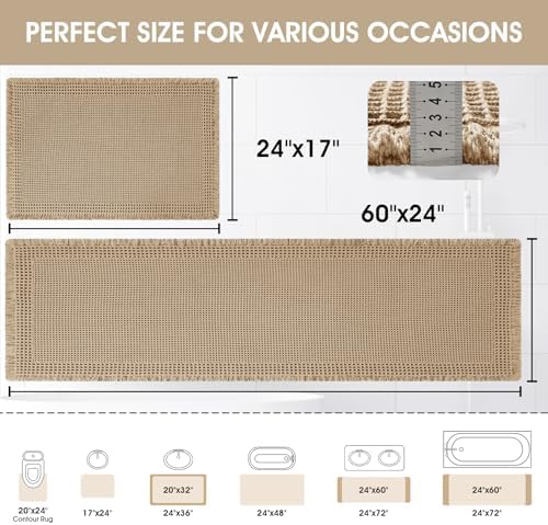 Upgraded Waffle Bath Mat Set 2 Piece Beige-Bordered, Super Absorbent Non-Slip Quick Dry Bathroom Rugs with Tassels, Machine Washable Ultra Soft Boho Bath Rugs for Floor, Bath Mats Boho Farmhouse Decor