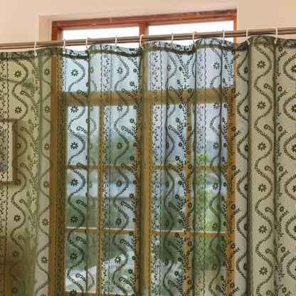WAZZIO Olive Green Lace Shower Curtain for Bathroom 72" W x 72" L, Victorian Farmhouse Floral Pattern Tassel Fancy Shower Curtain Boho Washable Cloth Decorative Bath Curtains,1 Panel