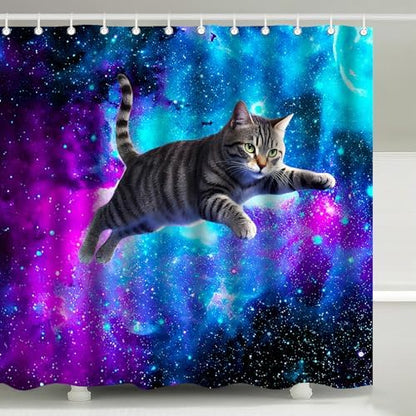 Space Tabby Cat Blue Purple Nebula Shower Curtain with Hooks 72 x 72 Inches