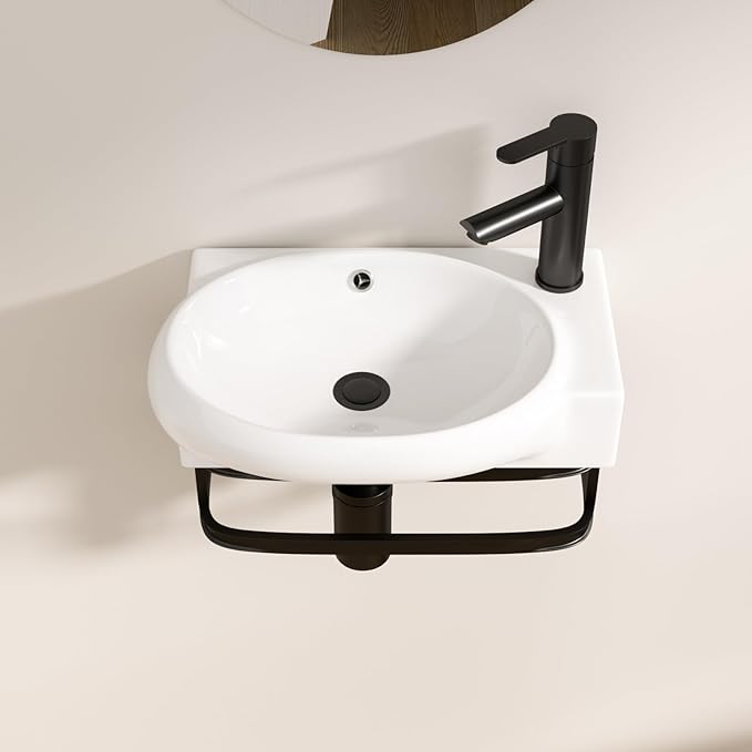 Logmey Wall Mount Bathroom Sink 16-1/2"x11" Floating Sink White Porcelain Ceramic Wall Hung Vessel Sink Wash Hand Basin with Bracket