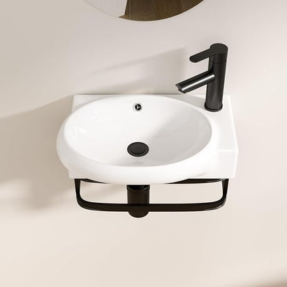 Logmey Wall Mount Bathroom Sink 16-1/2"x11" Floating Sink White Porcelain Ceramic Wall Hung Vessel Sink Wash Hand Basin with Bracket