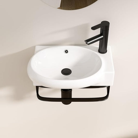 Logmey Wall Mount Bathroom Sink 16-1/2"x11" Floating Sink White Porcelain Ceramic Wall Hung Vessel Sink Wash Hand Basin with Bracket