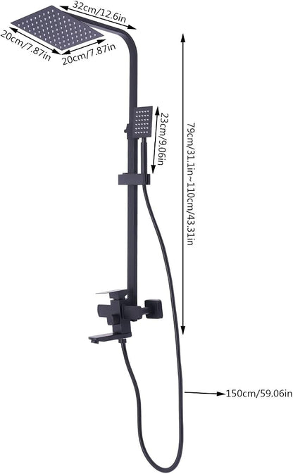 Black Shower System with Shower Head, Adjustable Shower Panel, 360 Rotated Air Pressurization Rain Shower Set, Complete for Homes & Swimming Pools