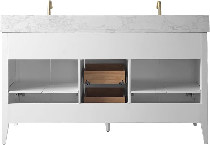 HOMEBEYOND 60" Bathroom Vanity with Double Sink, Solid Wood Bathroom Vanity Free-Standing Cabinet, Ceramic Top & Soft Closing Door, Golden Brushed Handware, White