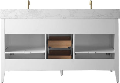 HOMEBEYOND 60" Bathroom Vanity with Double Sink, Solid Wood Bathroom Vanity Free-Standing Cabinet, Ceramic Top & Soft Closing Door, Golden Brushed Handware, White