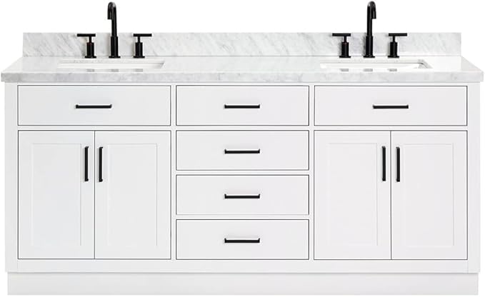 ARIEL Hepburn 72-inch Bathroom Vanity with Sink,Solid Wood, 1.5-inch Italian Carrara Marble Countertop, Double Rectangular Porcelain Sink, 4 Soft Closing Doors, 6 Dovetail Drawers, White