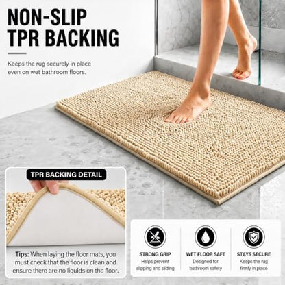Bathroom Rugs Sets 2 Piece,Super Absorbent Soft,Thick,Machine Washable Chenille Bath Mat,Non Slip Toilet Floor Rug,Bath Mats for Bathroom,20x32 Plus 20x20 U Shape,Beige
