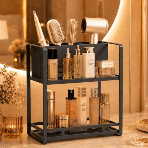 Bathroom Counter Organizer, Metal Vanity Shelf with Hair Dryer Holder