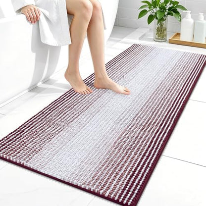 OLANLY Bathroom Runner Rugs 44x24, Chenille Striped Bath Rugs, Burgundy