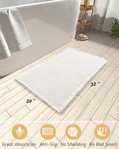 AMOAMI Upgraded Waffle Bath Mat, Super Absorbent Non Slip Bath Mats for Bathroom Floor, Machine Washable Bathroom Rugs with Tassels, Rubber Backed Bathroom Mats, Ultra Soft, 20" x 32", White