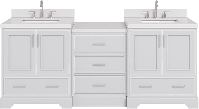 ARIEL Stafford 84-inch Bathroom Vanity with Sink,Solid Wood, 1.5in Pure White Quartz Countertop & Backsplash, Double Rectangular Porcelain Sink, 4 Soft Closing Doors, 5 Dovetail Drawers, Grey
