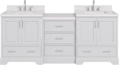 ARIEL Stafford 84-inch Bathroom Vanity with Sink,Solid Wood, 1.5in Pure White Quartz Countertop & Backsplash, Double Rectangular Porcelain Sink, 4 Soft Closing Doors, 5 Dovetail Drawers, Grey