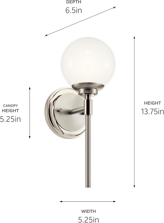 Kichler Benno 1-Light Wall Sconce, Modern Light with Opal Glass in Polished Nickel and Brushed Nickel, for Bathroom, Powder Room, Kitchen, Bedroom, or Hallway (13.75" x 5.25"), 55170PN