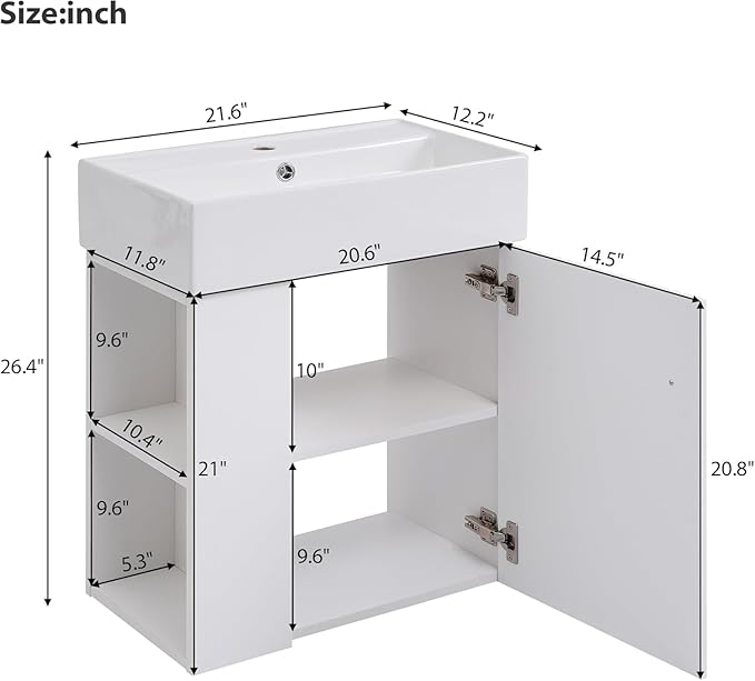 21.6 in Floating Bathroom Vanity with Sink,Soft Closing Doors,Solid Wood Frame & MDF Modern Single Small White Bathroom Vanity Cabinet with Open Shelf,Wall Mounted