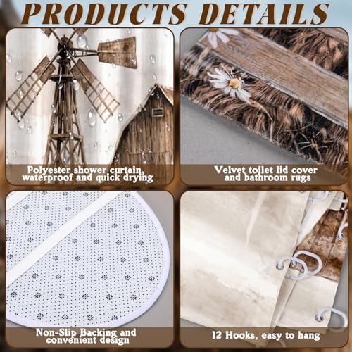 FuWeave 8 Pcs Highland Cow Shower Curtain Sets for Bathroom Farm Daisy Cattle Shower Curtain Sets Rustic Farmhouse Bathroom Accessories with Towels Carpet Bath Mat Toilet Rugs and 12 Hooks