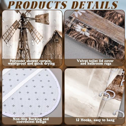FuWeave 8 Pcs Highland Cow Shower Curtain Sets for Bathroom Farm Daisy Cattle Shower Curtain Sets Rustic Farmhouse Bathroom Accessories with Towels Carpet Bath Mat Toilet Rugs and 12 Hooks