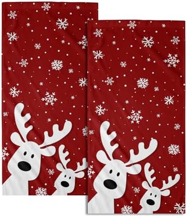 Christmas Reindeer Hand Towels Set of 2, 28x14 Inch Funny Xmas Deer Snowflakes Red Soft Absorbent Tea Towel Washcloths for Kitchen Bathroom Winter Holiday Home Decor and Gifts