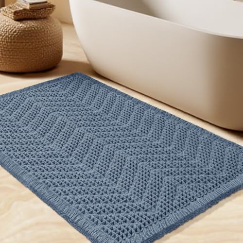 Upgrade Waffle Bath Mat, Boho Bathroom Rugs Absorbent Non Slip, Ultra Soft Bathroom Mat, Machine Washable Knit Bath Rugs with Herringbones for Bathroom, Bedroom, Kitchen, Shower, Tub, 36"x24", Blue