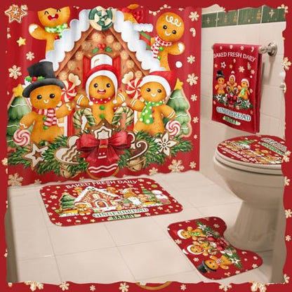 FuWeave 8 Pcs Christmas Shower Curtain Set Xmas Santa Bathroom Decoration Christmas Tree Hand Towels Snowman Toilet Lid Cover Bathroom Rugs Xmas Shower Curtain with Hooks(Gingerbread Man)