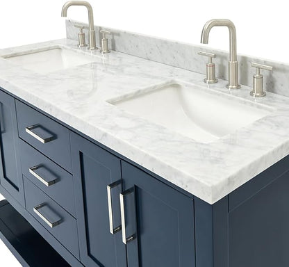 ARIEL Magnolia 60-inch Bathroom Vanity with Sink,Solid Wood, 1.5-inch Italian Carrara Marble Countertop, Double Rectangular Porcelain Sink, 4 Soft Closing Doors, 3 Dovetail Drawers, Midnight Blue
