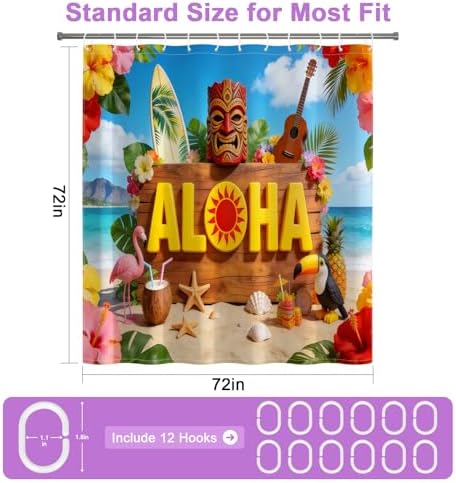Hawaiian Summer Tropical Shower Curtain Set, Waterproof Shower Curtains for Bathroom with Weighted Hem, Machine Washable Fabric Shower Curtain with 12 Hooks, Colorful Coastal Beach Design, 72"W x 72"L