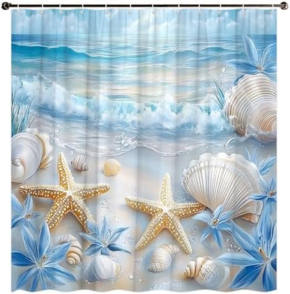 Beach Starfish Shower Curtain Sea Waves Seacoast Scenery with Sand with Various Seashells Scallop Conch Tropics Seaside Summer Coastal Ocean Theme Decorative Curtain Polyester Fabric
