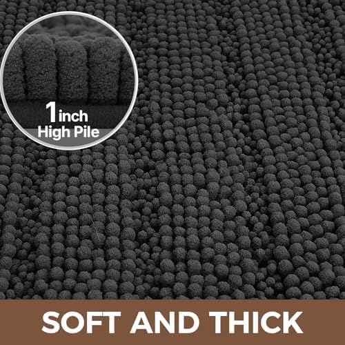 Bcoimo Bath Rug Mat, 48x30 Chenille Non Slip Black Long Bathroom Runner Rug