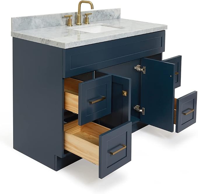 Bradford 48-Inch Bathroom Vanity with Sink — Midnight Blue Single Sink Bathroom Vanity, 1.5" Edge Italian Carrara Marble Top, Solid Wood, 2 Soft-Close Doors, 4 Full Extension Dovetail Drawers