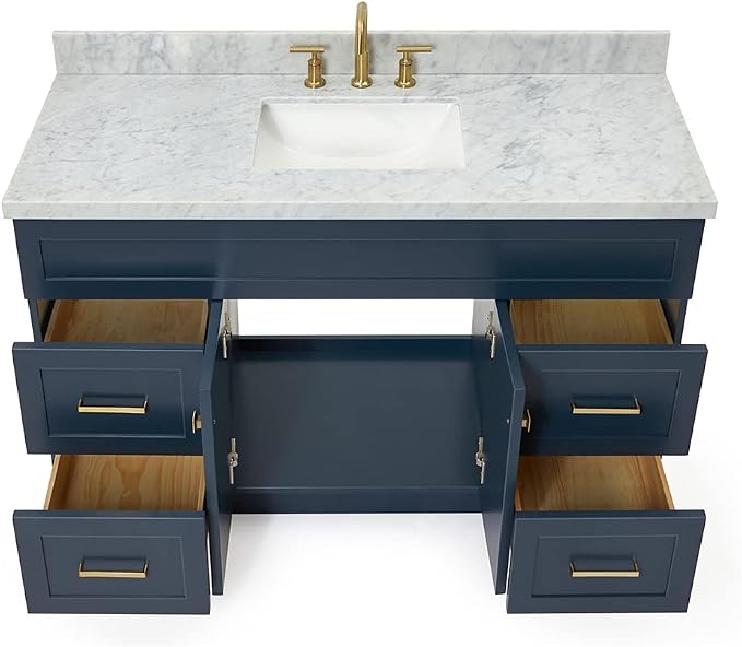 DKB Bradford 54" Midnight Blue Bathroom Vanity with Sink, 1.5" Italian Carrara Marble Countertop, Rectangular Undermount Sink, Solid Wood Frame, 2 Soft-Closing Doors, 4 Dovetail Drawers