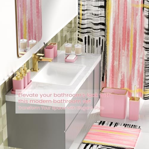 Bathroom Set - Bathroom Accessory Set, Pink Bathroom Set, 26PC Bathroom Sets with Shower Curtain and Rugs, Toilet Brush, Trash Can, Qtip Holder & Bathroom Soap Dispenser Set