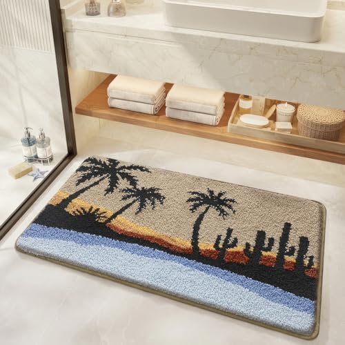 Bathroom Rug Mat, Beach Sunset Fluffy Rug with Palm Tree & Cactus Silhouette, Ultra Absorbent Microfiber Shaggy Door Mat, Quick Dry Bath Rug Carpet for Toilet Bathtub Bedroom 20x31 Inch
